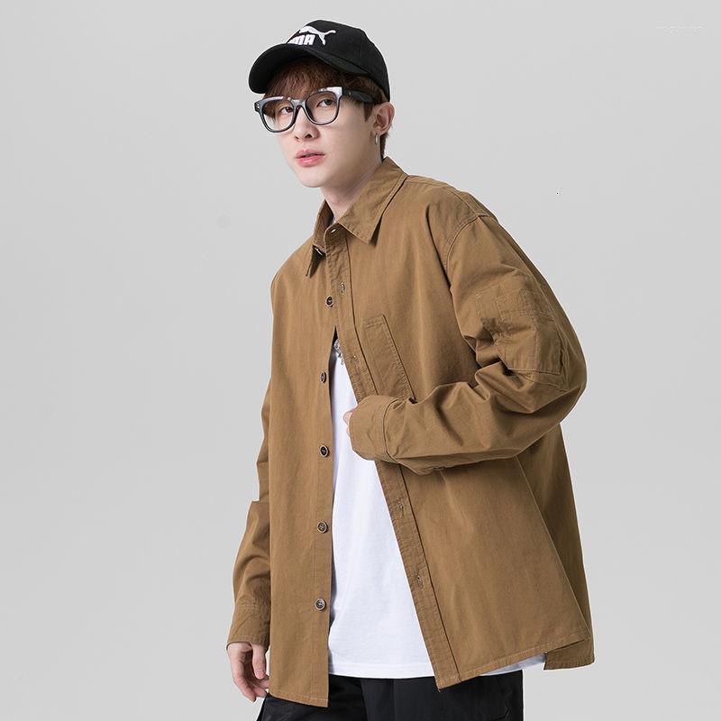 

Men's Casual Shirts Autumn Cotton Shirt Fashion Retro Pocket Tooling Men Korean Loose Long-sleeved Mens Large Size M-4XL, Brown