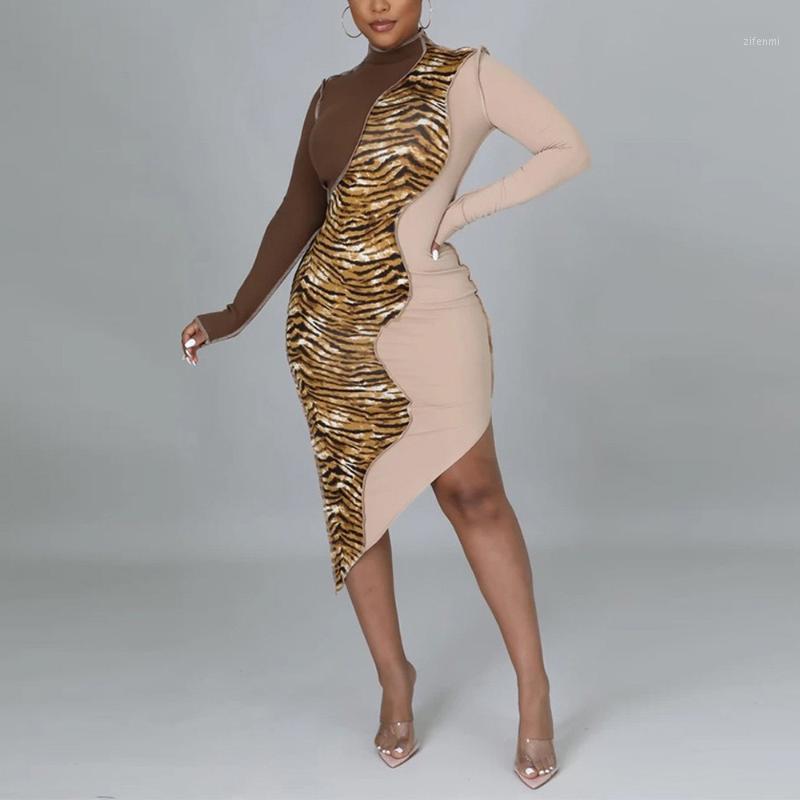 

Casual Dresses Women Dress Season Autumn Winter Khaki Leopard Patchwork Full Sleeve Bodycon Asymmetric Elegant Evening Night Party Vestidos, Autumn dress