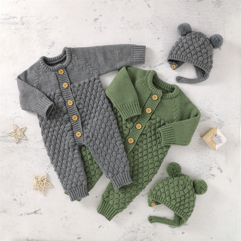 

Baby Rompers Caps Clothes Sets Newborn Girl Boy Knitted Jumpsuits Outfits Autumn Winter Long Sleeve Toddler Infant Overalls 2pcs 2609 T2, As show