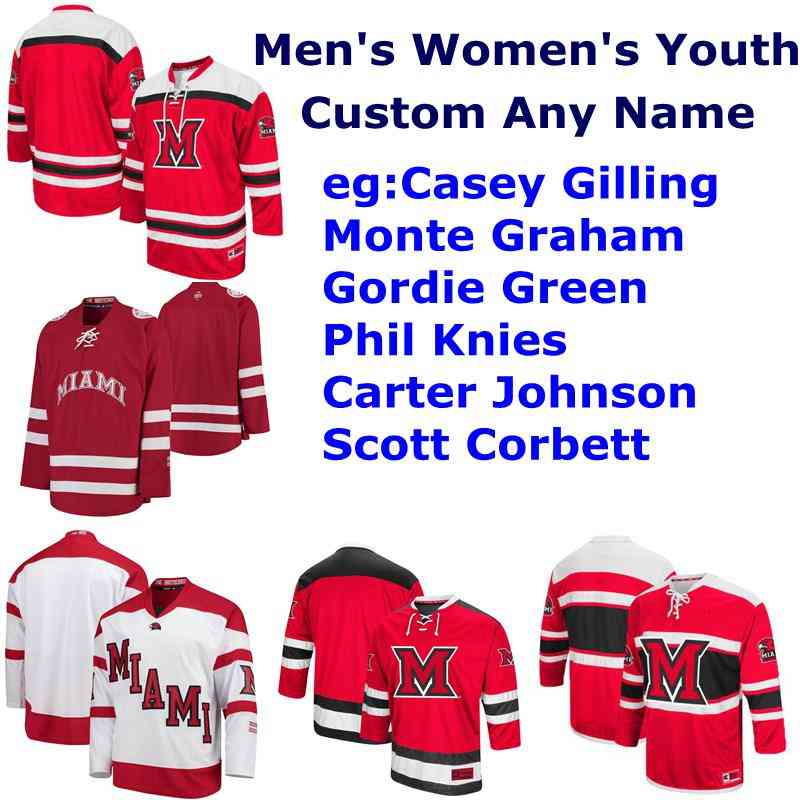 

Miami University RedHawks College Hockey Jerseys Men's Casey Gilling Jersey Monte Graham Gordie Green Phil Knies Johnson Custom Stitched, Youth red