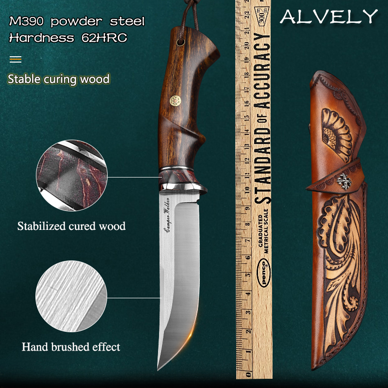 

M390 powder steel fixed blade wooden handle straight knife outdoor camping fishing hunting survival EDC tool belt holster