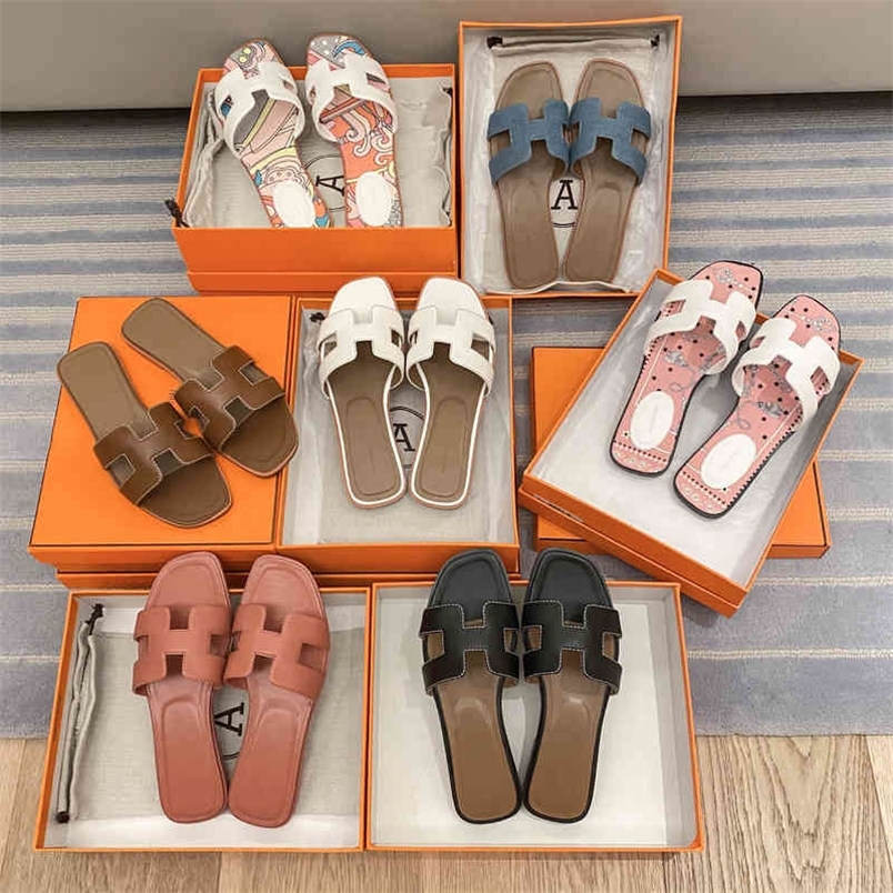 

Slipper Summer 2022 Designer Herme Net Red Rhinestone H-shaped Slippers Women Wear Fashionable Flat Bottom Leather Flip Flops and Beach Sandals KWVT, Brown sheepskin [flat bottom]
