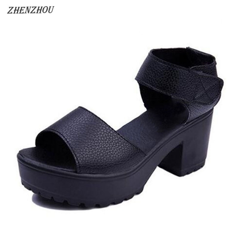 

ZHENZHOU shoes woman summer woman sandal 7CM highheeled shoes thick heel open toe platform sandals platform white Y200326, 901 black