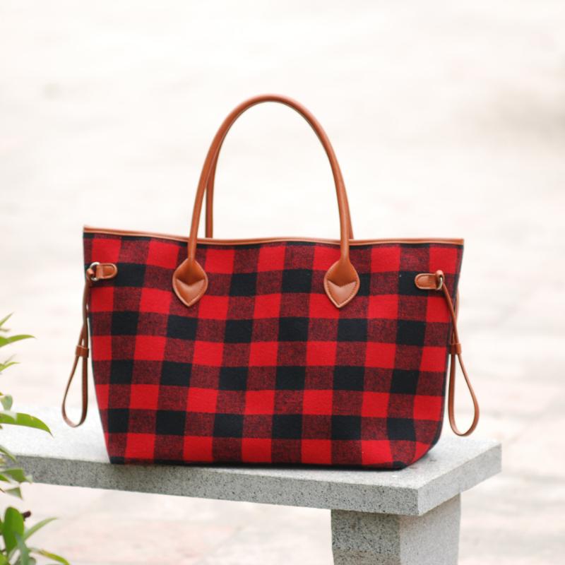 

Duffel Bags GA Warehouse USA Local Delivery Plaid PU Tote Weekender Shopping Totes DOM114377, Red black plaid