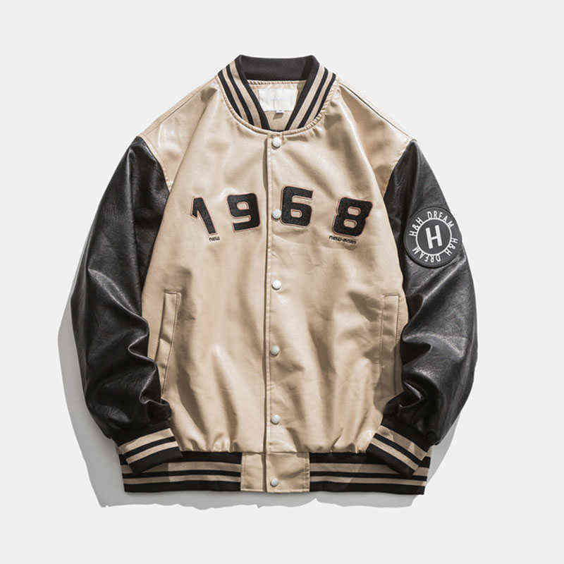 

Mcikkny Fashion Men Pu Leather Baseball Jackets Letter Embroidery Streetwear Outwear Coats Hip Hop T220728, Khaki