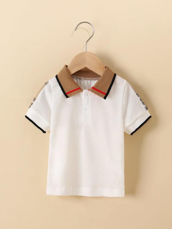 

Toddler Boys Contrast Collar Plaid Panel Polo Shirt SHE03, White