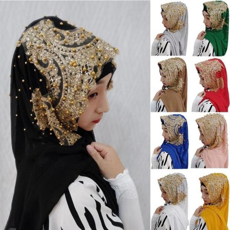 

Ethnic Clothing Woman Hijab Solid Color Rhinestone Beading Sequins Chiffon Shawls Scarf Muslim Turban Shiny Headscar Women