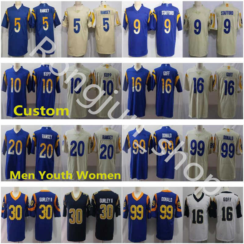 

2022 Custom Stitched Los Men Angele Football Matthew Stafford Aaron Donald Robert Woods Jalen Ramsey Cooper Kupp Limited Ram jerseys, Men with patch