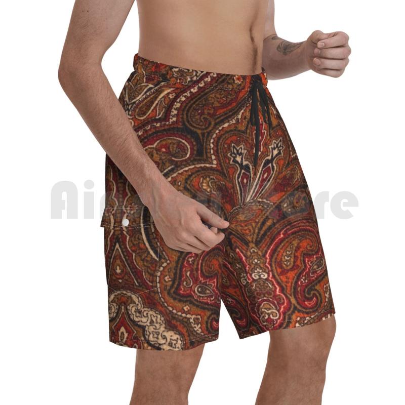 

Men' Shorts Vintage Paisley Like Pattern Beach Men Pants Swim Trunks Retro Brown BurntMen, Beach shorts
