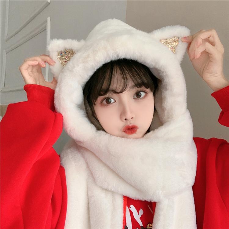 

Berets Winter Chic Sweet Wool Scarf Gloves Lovely Small Ear Hat, White