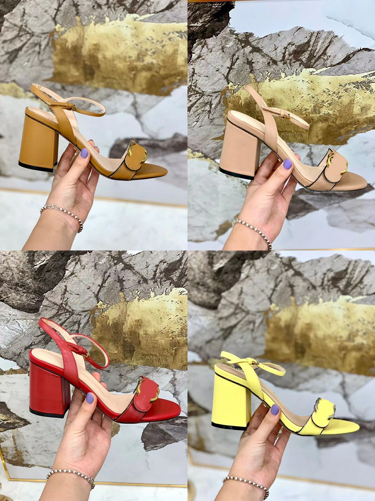 2022 Femmes en cuir Mid Heel Sandal Designer Double G Luxury Metal Chain Fashion Summer Beach Bee 7cm Chaussures à talons