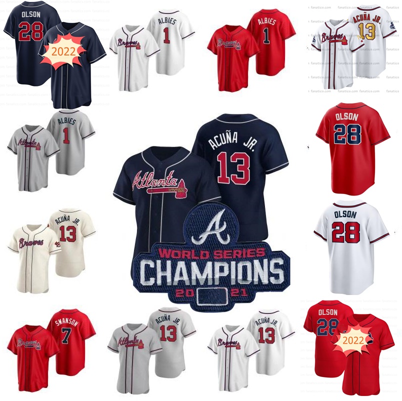 

28 Matt Olson 2021 World Series Champions Jersey Dansby Swanson Austin Riley Eddie Rosario Ronald Acuna Jr. Marcell Ozuna Pederson Ender Inciarte Chipper Jones, Cool base womens jersey