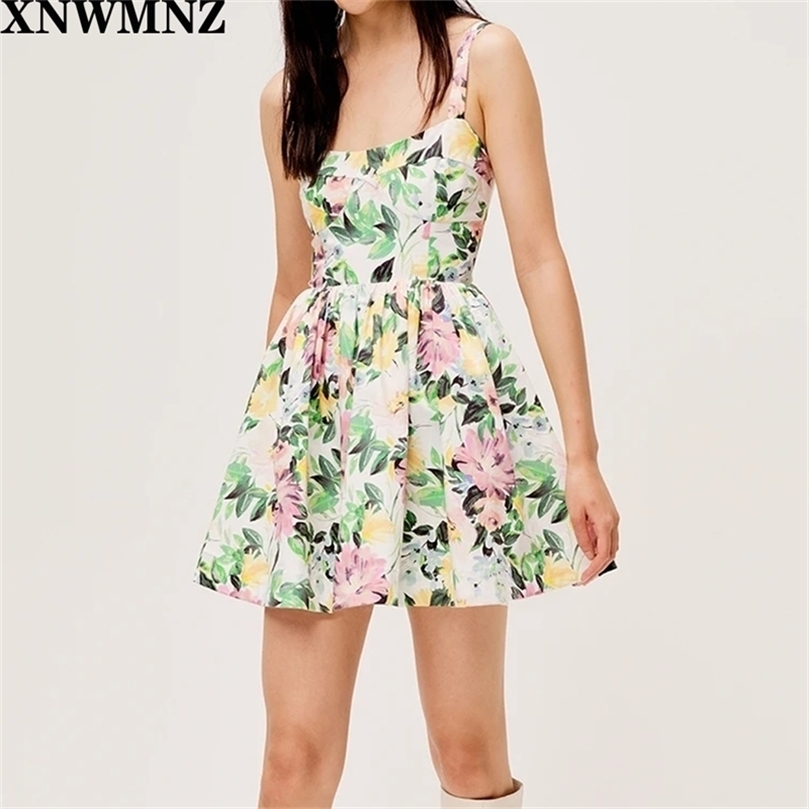 

women Poetic watercolor floral print mini dress figure flattering bodice full skirt Delicate bow wide shoulder straps 210520, Multi