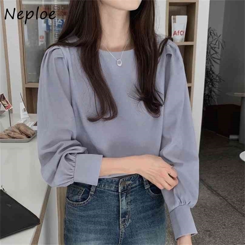 

Neploe Spring Women Blouse Korean Style Simple O neck Sweet Fashion Shirts Solid Color All match Casual Femme Blusas 210719, Apricot