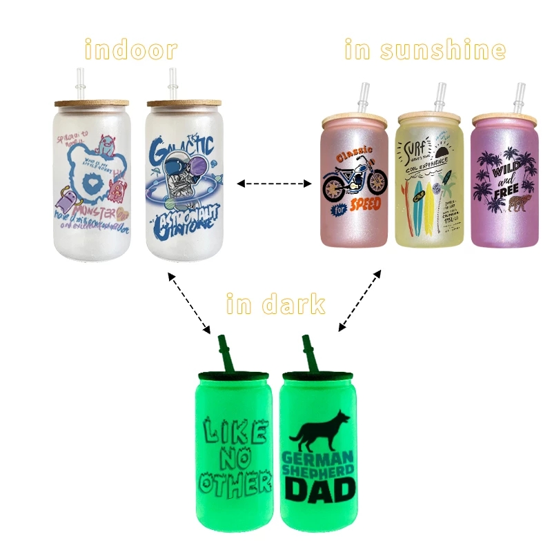 

Wholesale Sublimation 16oz UV Change Glow in dark Glass Tumbler with Bamboo lid & Plastic Straw Heat Transfer DIY water Bottle Coffee Mugs 6 colors FY5311 0604
