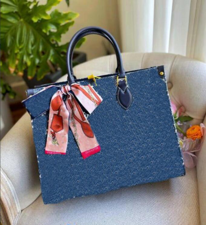 

High Quality Luxurys Designers denim ONTHEGO bag with scarves handbags M45321 fashion Shoulder Patent Leather Evening Bags 35CM, Blue