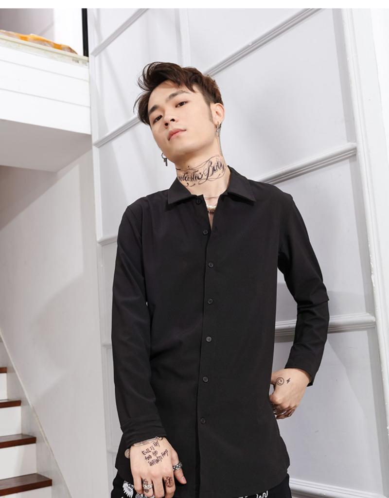 

Men's Casual Shirts Autumn Men's Shirt Short Front And Long Back Slim Sleeve Leisure TrendMen's, Black