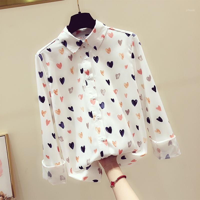 

Chiffon Blouse Long Sleeve White Sweet Heart Print Turn Down Collar Lady Office Shirt Tunic Casual Loose Tops Women' Blouses & Shirts