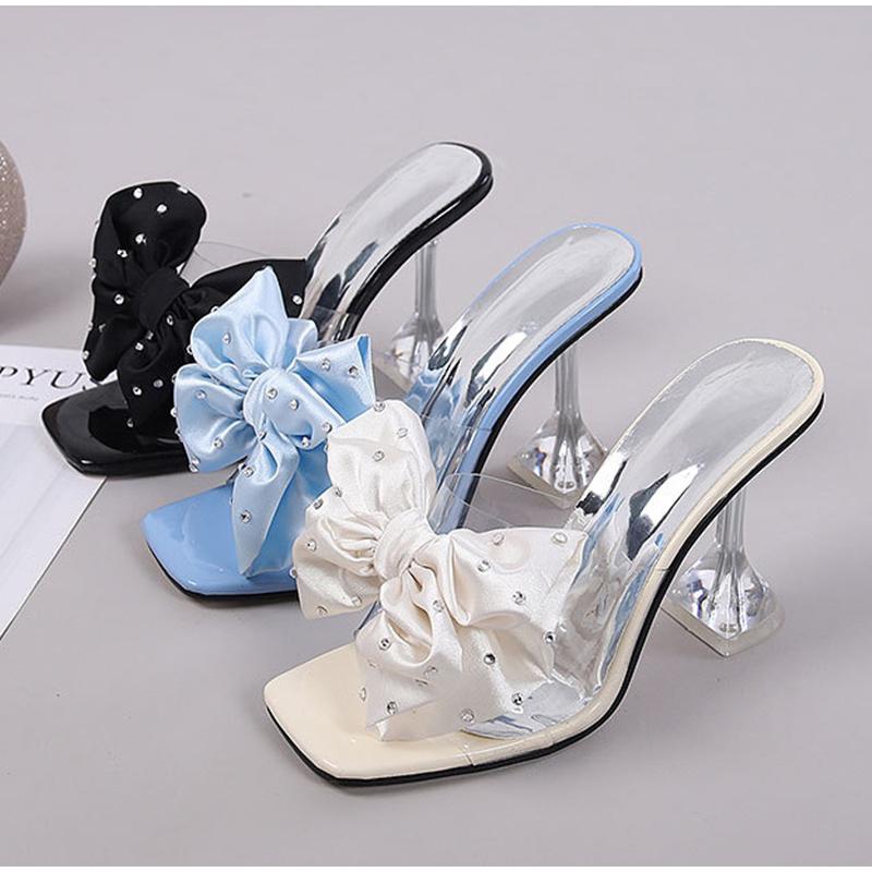 

Slippers Women High Heels Bowknot Plus Size Woman Sandals Summer Shoes PU Fashion Ladies Elegant Footwear 2022, Black