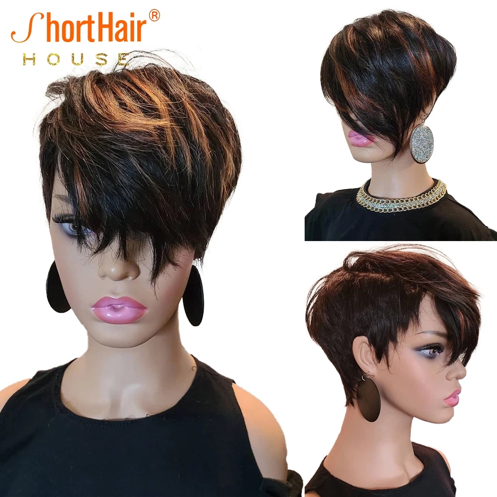 

Highlight Short Cut Bob Human Hair Wigs With Long Natural Bangs For Black Women Full Machine Made Pixie Cut Wig, Natural color
