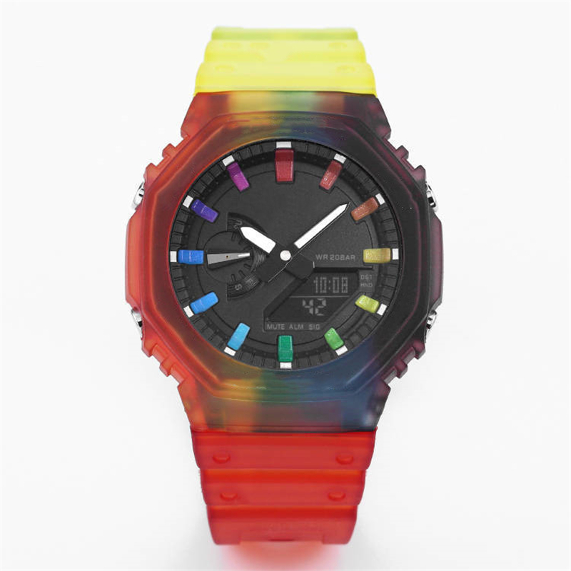 Iced Out Watch Sports Quartz Digital Men's Watch GA2100 Full Function LED Automatic Hand Lift Light Waterproof Fire Oak Series