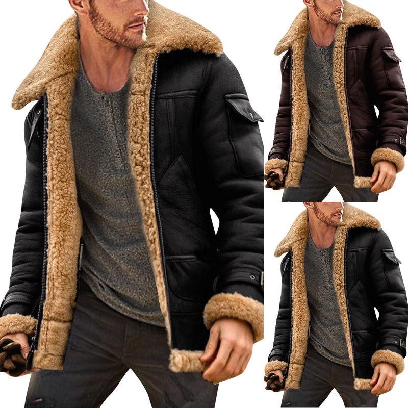Men's Hoodies & Sweatshirts Lapel Vintage Thicken Faux-Fur' Jackets Style Leather Sleeve Men Jacket Winter Padded Collar Sheepskin Coat