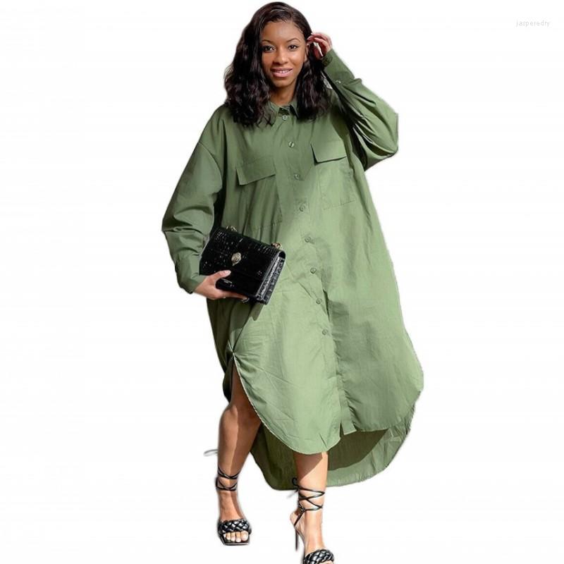

Plus Size Dresses Shirt Dress Women 3XL 4XL Loose Casual With Pocket Gown 2022 Fashion Solid Streetwear Y2k Maxi Long Vestidos Jasp22, Army green