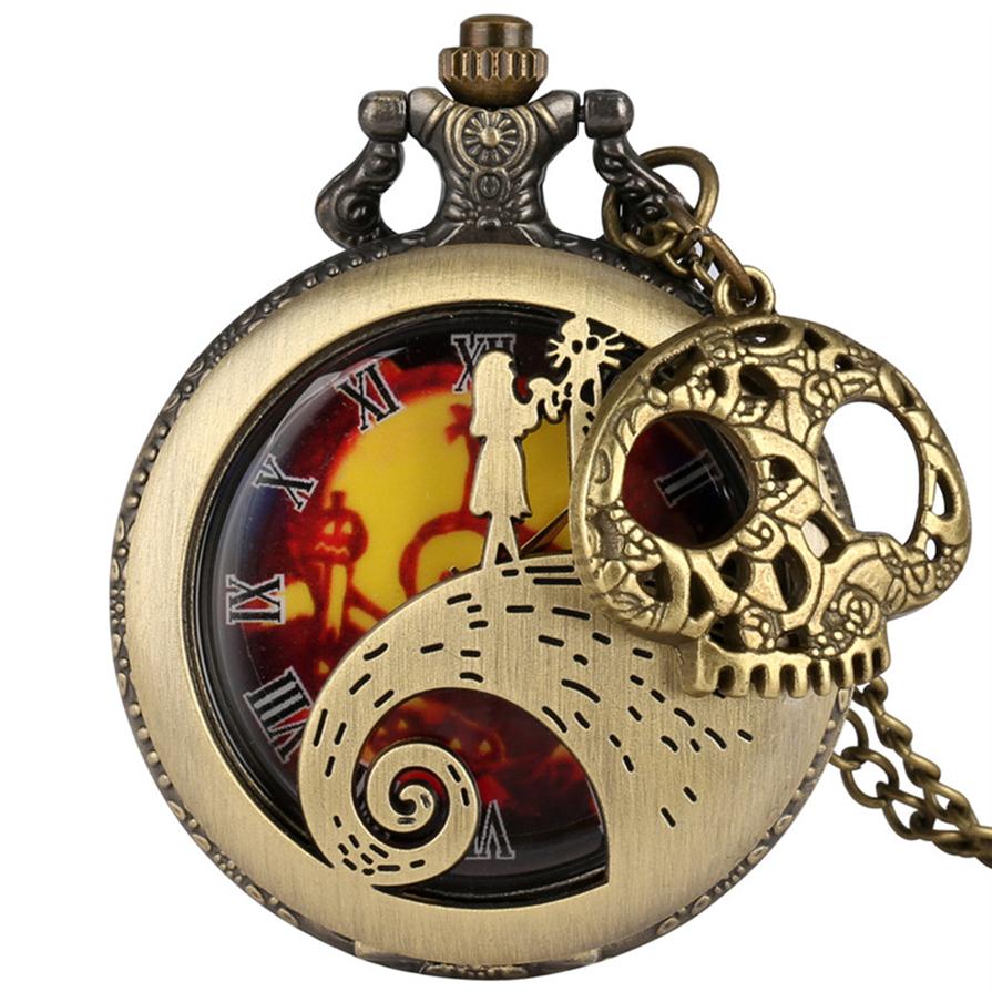 

Vintage Antique Watch Hollow Case the Nightmare Before Christmas Unisex Quartz Analog Pocket Watches Skull Accessory Necklace Chai211H, Bronze