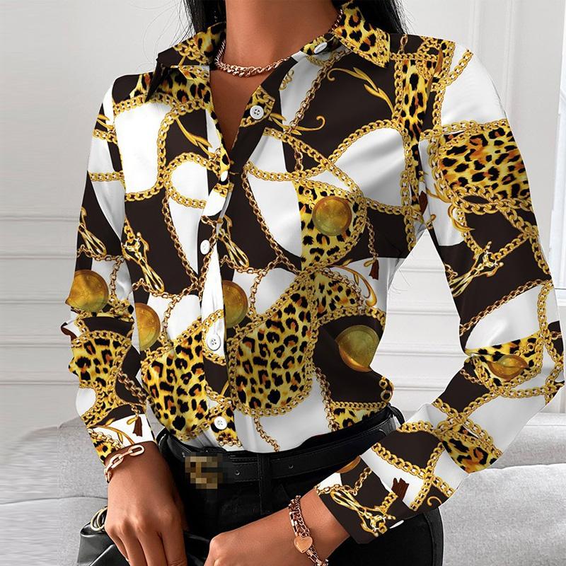 

Women' Blouses & Shirts Fashion Turn-down Collar Elegant Women Blouse Casual Button Long Sleeve Autumn Tops Blusas Lady Chain Leopard Print, 01 yellow