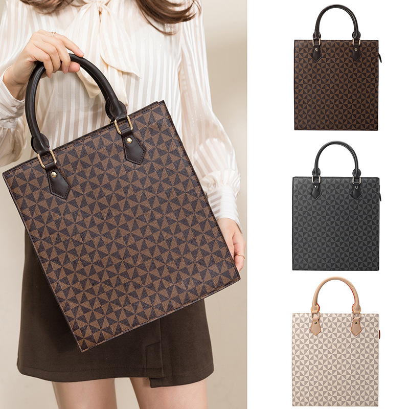 

Wholesale ladies leathers shoulder bags simple large print business briefcase square contrast color leather handbag personality geometric pattern Tote bag, White-140