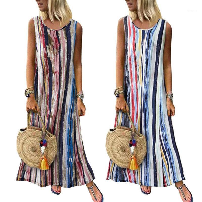 

Casual Dresses Women Oversize BOHO Sleeveless Floral Loose Kaftan Cocktail Party Long Dress Striped Beach Plus Size -2XL, Blue