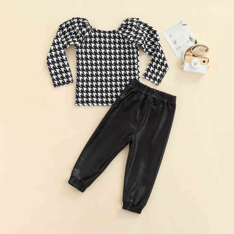 

Citgeett Autumn Kids Girls Clothing Sets Plaid Printed Off Shoulder Puff Sleeves T-shirts at Pu Leather Pants Fall Suit J220712, Red