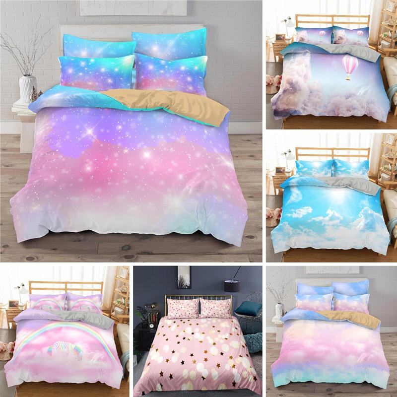 

Bedding Sets Rainbow Duvet Cover Set Cloud Sky Pink Blue 3D Print Queen Size For Girls Golden Star Comforter Bedroom DecorBedding SetsBeddin