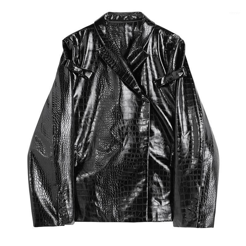 

Black Notched Corrugated Bow Leather Women Autumn Winter Loose Locomotive Jacket Streetwear Coat Z060 Women' Jackets