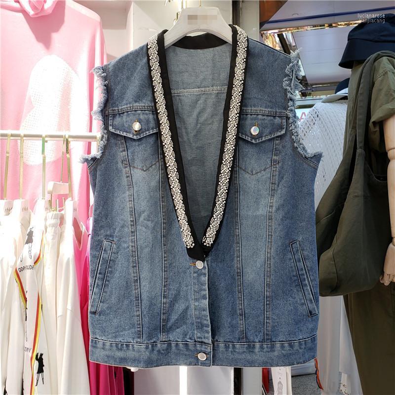 

Women's Vests Washed Denim Vest For Women Beaded V Neck Loose Female Ins Fashion Tassel Sleeveless Coat Waistcoats Mujer Tank Top Luci22, Blue