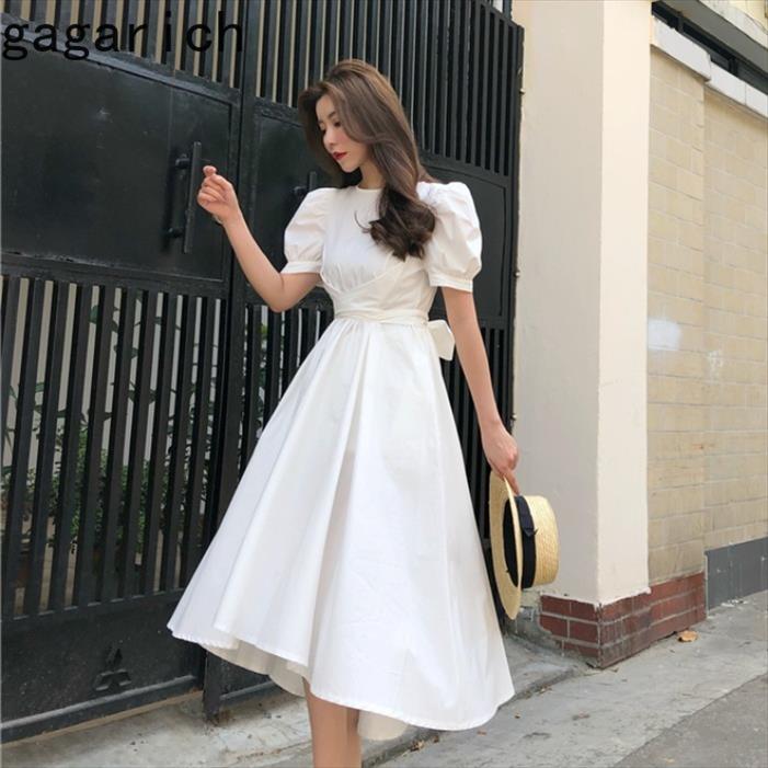 

Women Dresses Summer French Sweet Temperament Female Retro Yamamoto Puff Sleeve Fresh Cross Bow-lace Vestidos, Green