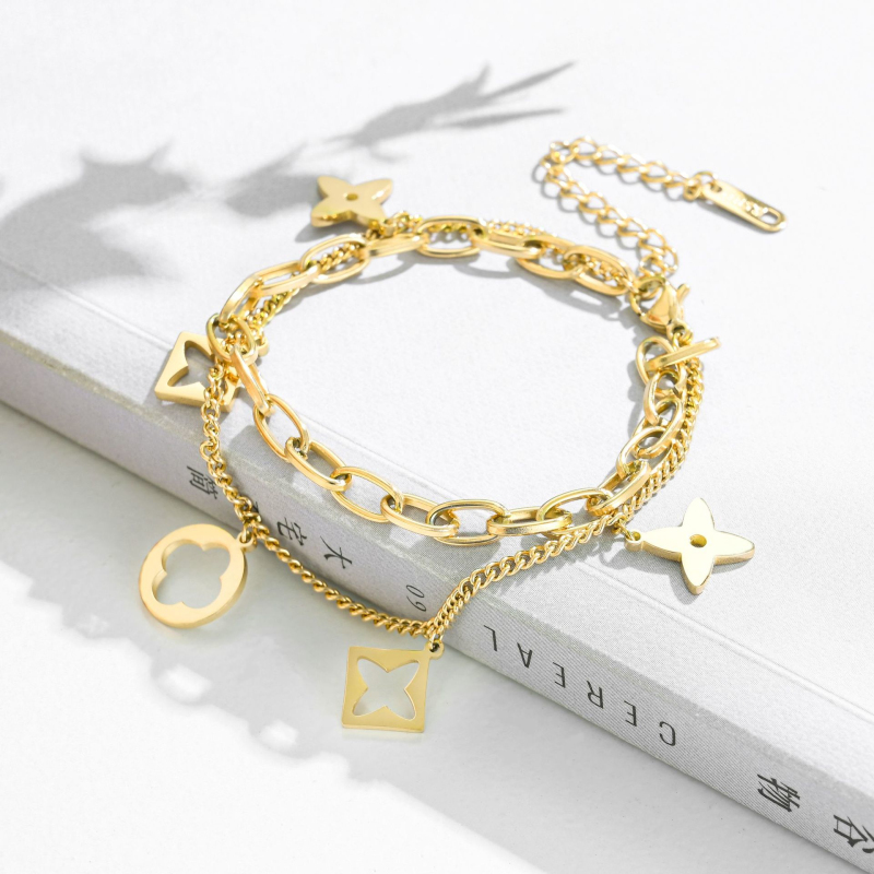Multilayered Four Leaf Clover Charm Stainless Steel Bracelet Lucky Women Jewelry-image-757160181