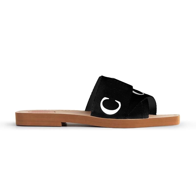 

Luxury slippers Women's sandals Flat slide Black and white canvas lace rubber Woody women's fashion outdoor shoes