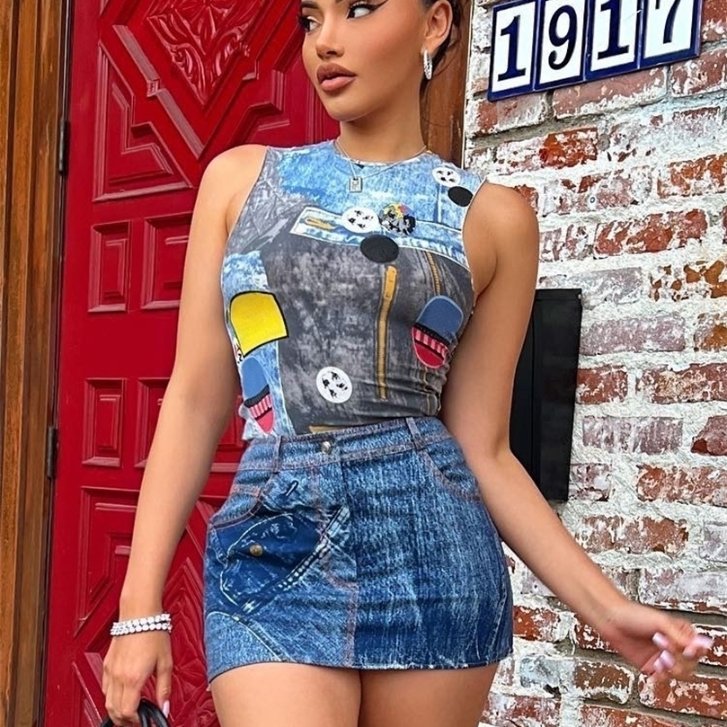 

Kliou Soft Imitation Denim Two Piece Set Women Hipster Print Skinny Sleeveless TopsSheath Button Pockets Skirt Streetwear Suits 220520, Blue
