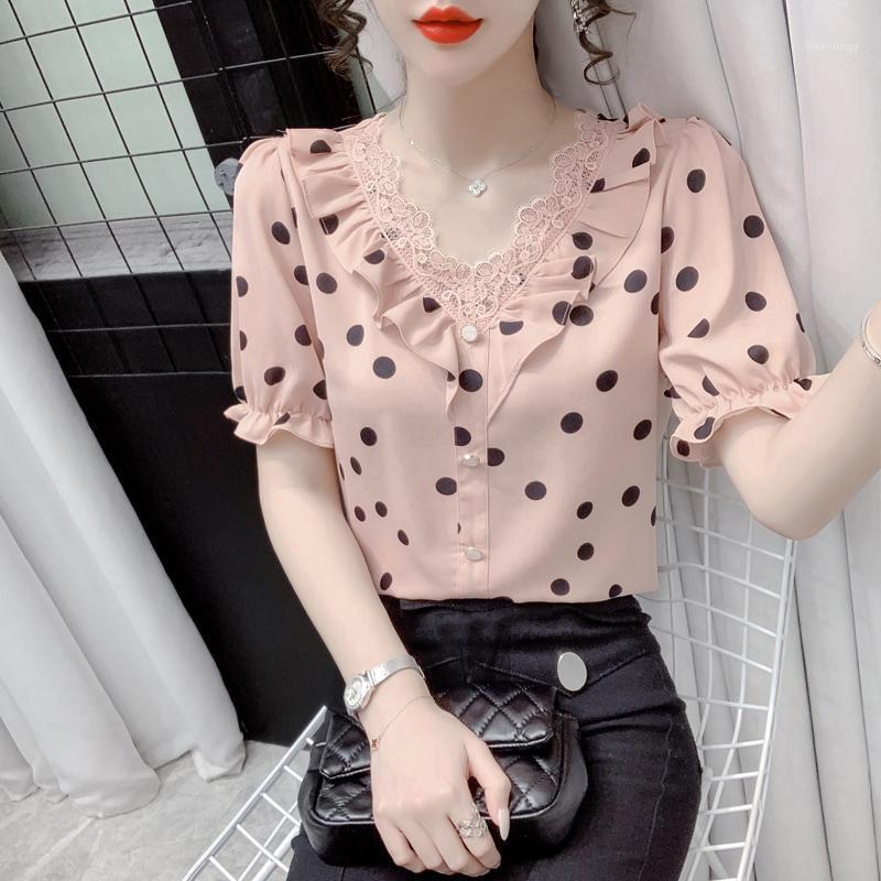 

Women's Blouses & Shirts Age Reduction Cover Belly Chiffon Shirt Short-sleeved 2022 Summer Ruffled V-neck Lace Polka-dot Top Trend, Pink