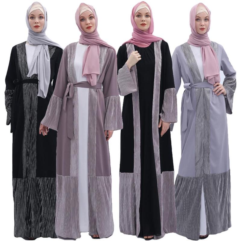 

Ethnic Clothing Dubai Style Abaya Kimono Kaftan Open Cardigan Jilbab Muslim Women Long Dress Islam Robe Pleated Knit Fabric Patchwork GownEt
