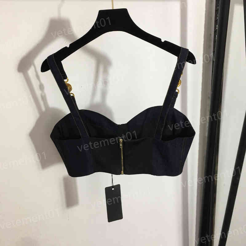 

Womens Designer Tanks Dark Blue Tailored Shoulder Buckle Denim Camisole Tops High Quality Luxury Women Clothing
