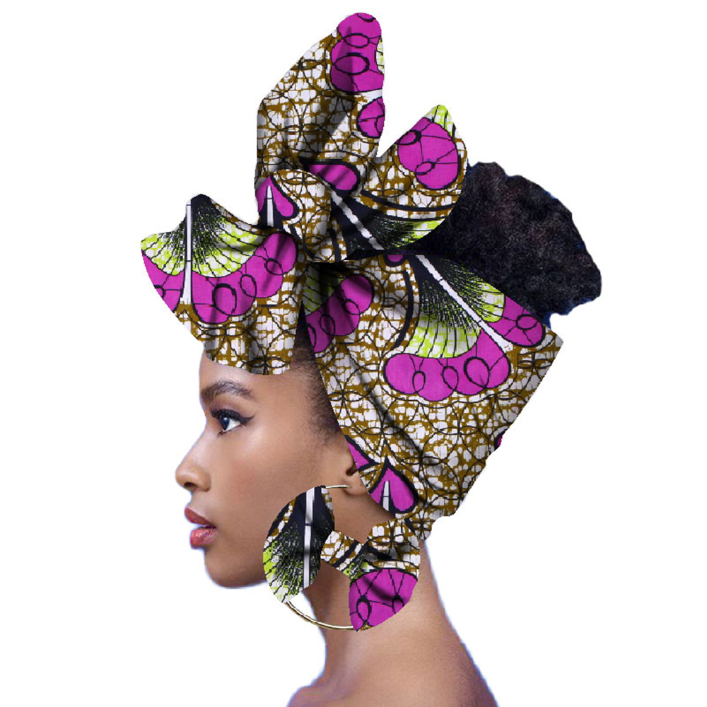 

BintaRealWax Costume Accessories Fashion African HeadScarf And Warrings 2 Pieces Women African Clothing Bazin Rich Headwear Wax Ankara Hairband SP018