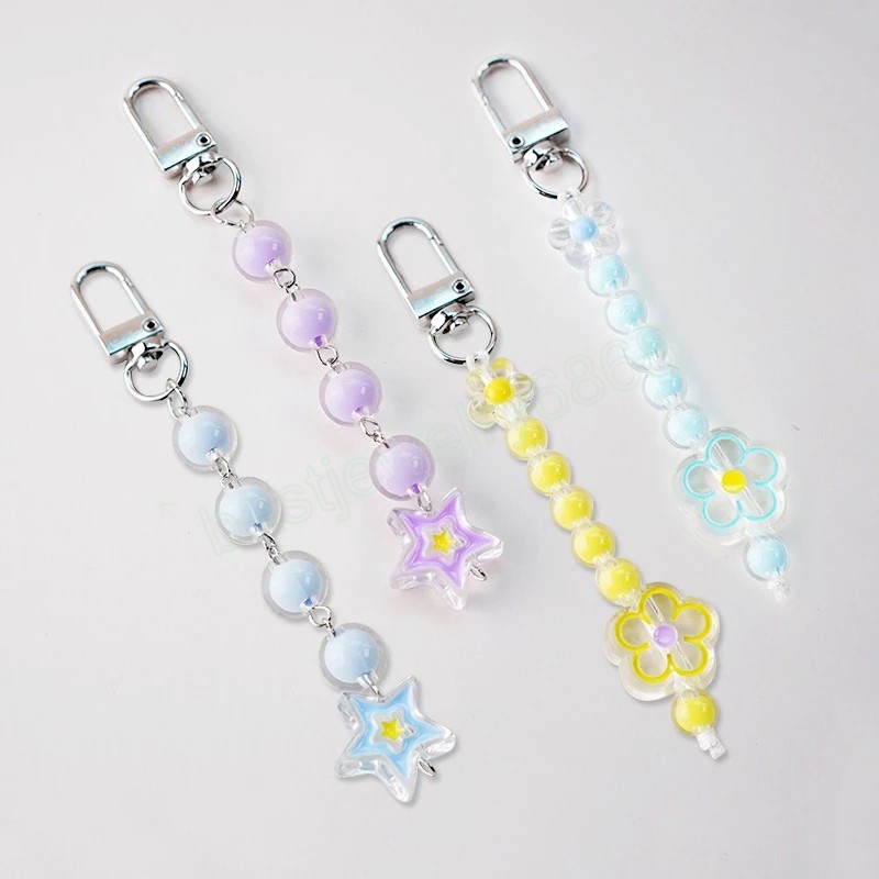 

Colorful Acrylic Beaded Keychains Lanyard Flowers Beads Sweet Cellphone Chains Keychain Anti-Lost Fashion Accessories