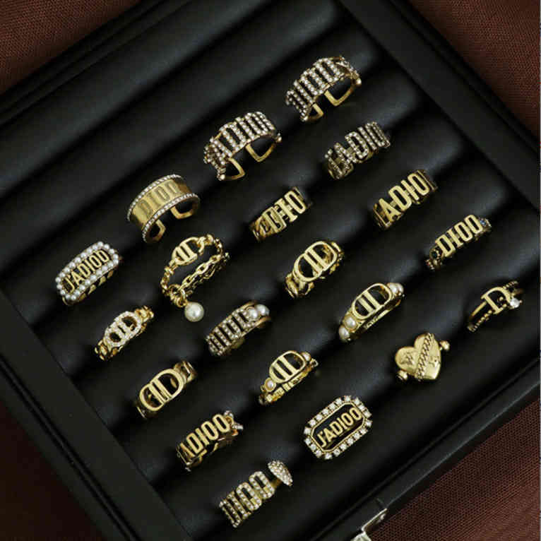 

D family ring CD letter open brass female Di diamond simple net red