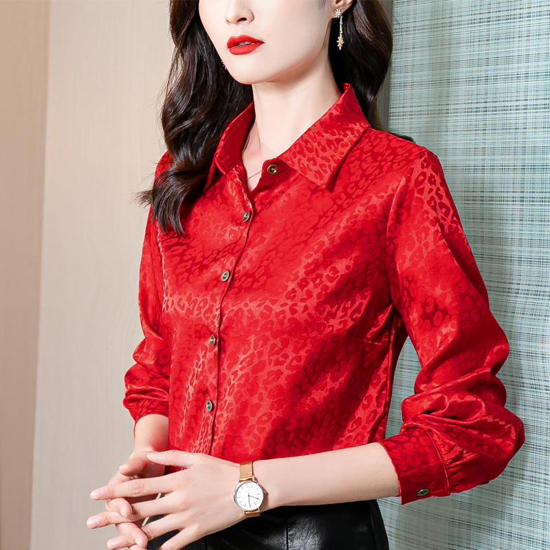 

2022 Classic Lapel Red Button Up Shirts Lantern Sleeve Women Jacquard Korea Fashion Blouses Office Ladies Elegant Shirts Spring Autumn Designer Blouse Runway Tops