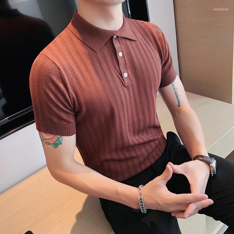 

Men's Polos Summer Ice Silk T-shirts For Men Short Sleeve Hollow Knitted Slim Casual Shirts Business Social Lapel Tee Tops Man ClothingMen's, White