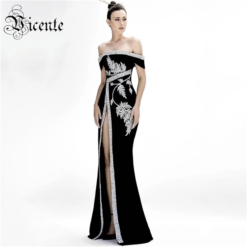 

Chic Velvet Long Dress Silver Sequins Design Sexy Off Shoulder High Split Celebrity Party Club Vestido Free 210520, Black