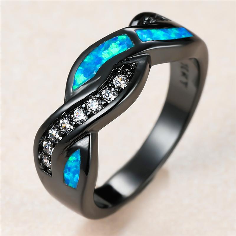 

Wedding Rings Classic Female Blue Opal Stone Ring Charm 14KT Black Gold For Women Luxury Bride Crystal Geometry Engagement RingWedding