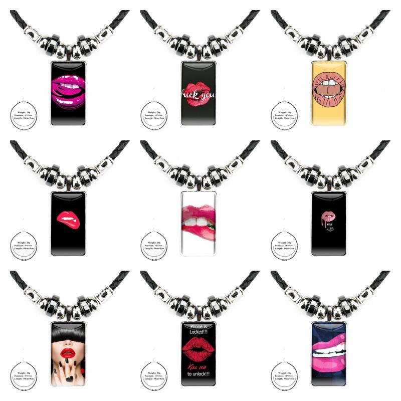 

Pendant Necklaces Pink Red Sexy Lips Design Lovely Cute Fashion Glass Cabochon Black Hematite Necklace With Women Statement Rectangle